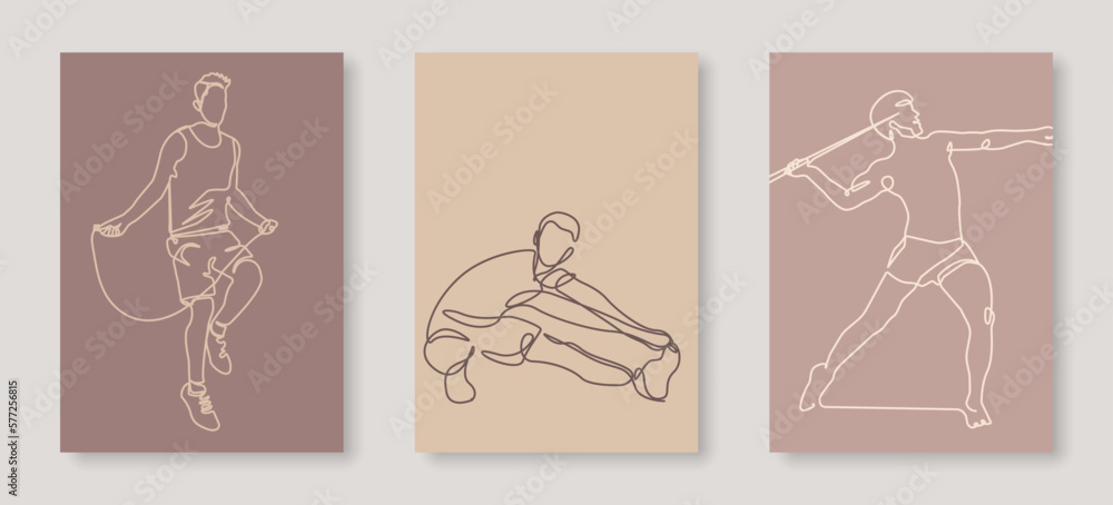Male Athletes One Line Drawing Prints Set. Man Sport Concept Minimalist Drawing. Yoga, Fitness Line Art Modern Minimal Drawing. Trendy Illustration Continuous Line Art. Sport Wall Decor. Vector EPS 10