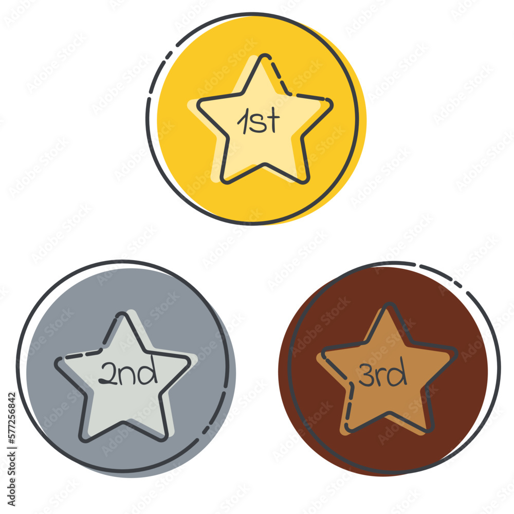Cartoon set of three serial numbers, circle icons with a star inside ...