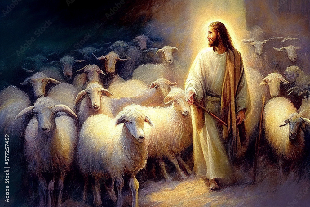 Jesus in traditional Israeli robes surrounded by his sheep, generative AI