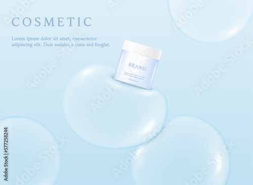 Blue cosmetic 3d background with drop of liquid bubble floating.
