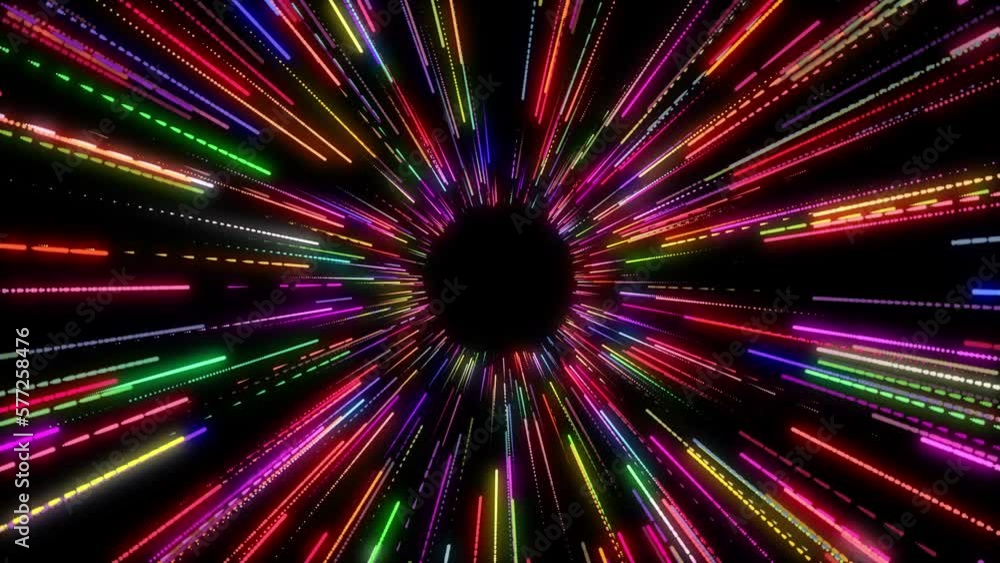This motion graphics video features a circular tunnel of neon bright ...