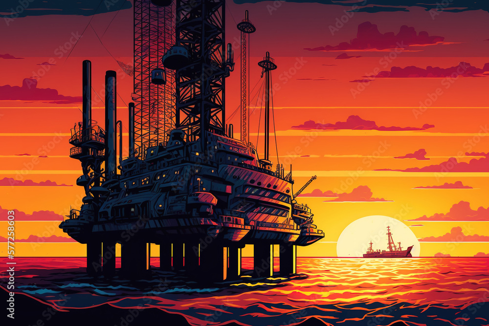 Offshore Jack Up Rig at Sunset in the Middle of the Sea. Generative AI ...
