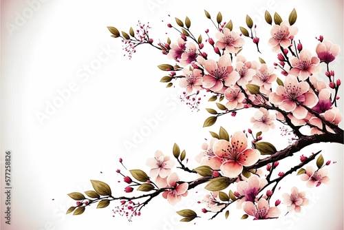Fototapeta Cherry blossom branch illustration with copy space.