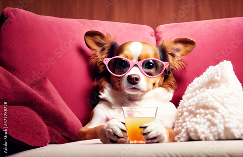chihuahua dog relaxing at home wearing sunglasses watching tv and drinking a cocktail.Generative AI © Studio Multiverse