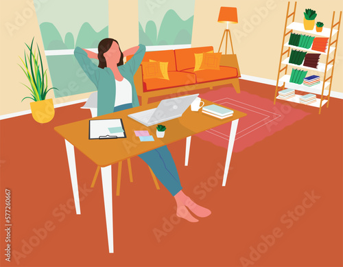  landscape illustration woman sitting at desk with laptop taking rest