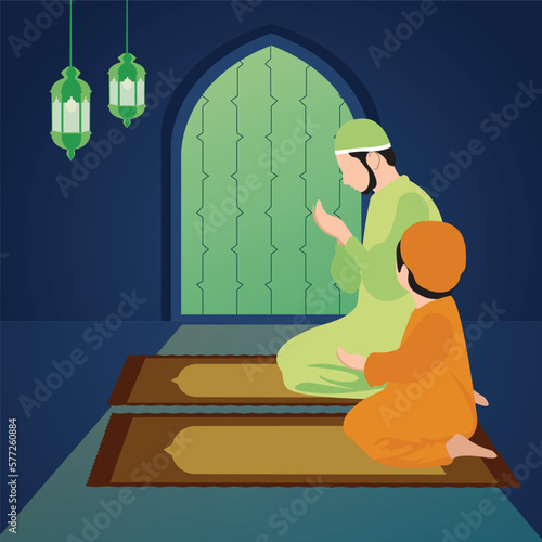 landscape illustration muslim man praying at night of mosque