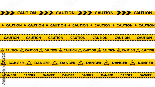 Caution tape set. Yellow and black danger warning stripes collection. Repeating construction, hazard sellotapes. Restriction and prohibition zones adhesive tapes background. Vector