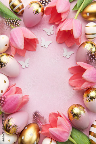 Pink tulips and Easter eggs background