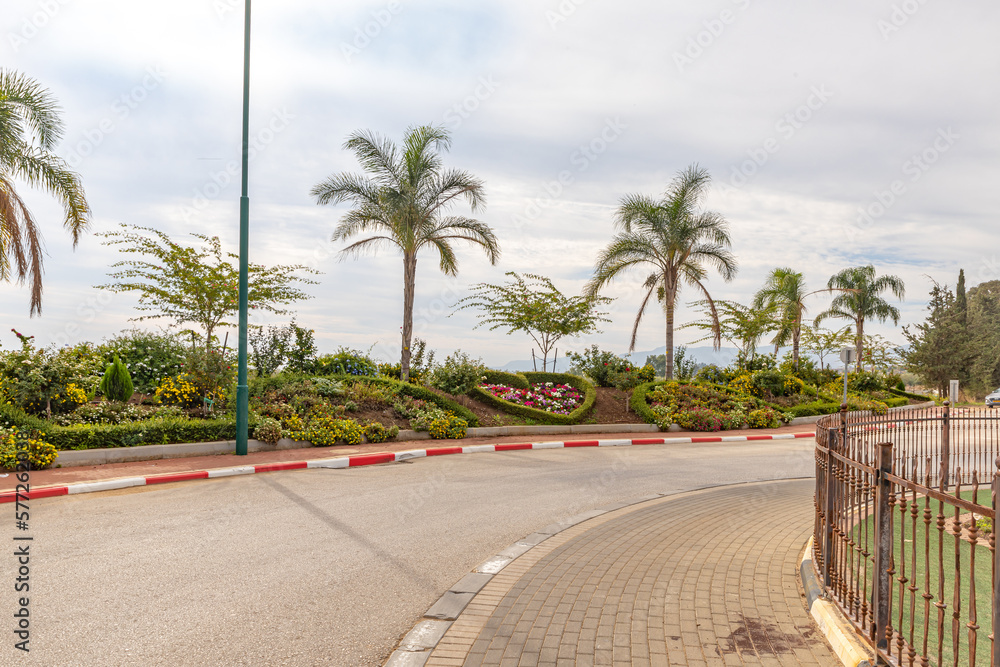Decoratively decorated roadside at the entrance to the Ghajar Alawite Arab village, located on the Golan Heights, on the border with Lebanon, in Israel