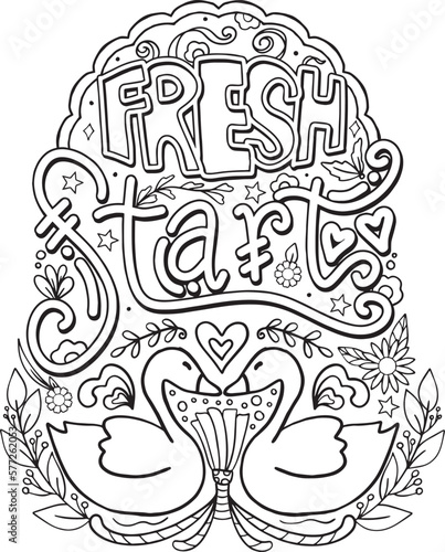 Fresh Start. Hand-drawn with inspiration word. Doodles art for Valentine's day or greeting cards. Coloring for adults and kids. Vector Illustration. 