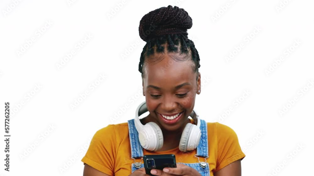 Headphones, smartphone and black woman excited, success and achievement with girl isolated on white studio background. African American female, lady and student with headset, cellphone and happiness Headphones, smartphone and black woman excited, success and achievement with girl isolated on white studio background. African American female, lady and student with headset, cellphone and happiness