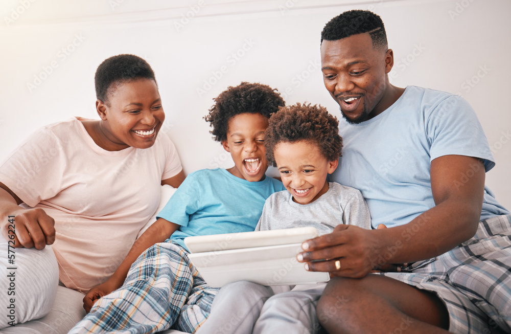 Black family, tablet and kid video watching of a mother, dad and children in a home at morning. Digital app, online and child education app with a mama, boys and father together with happiness