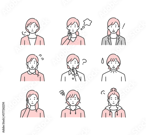 ネガティブな感情の女性のイラストアイコンセット