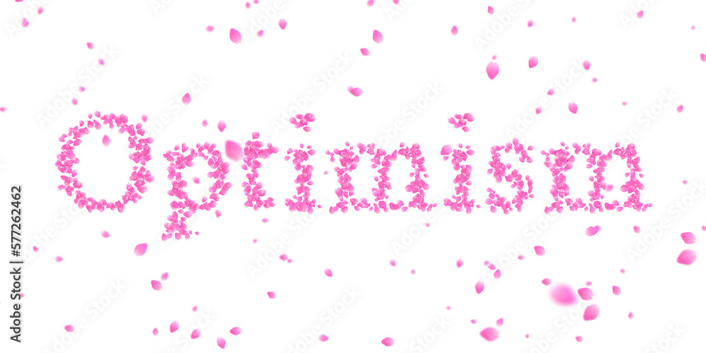 Letters made of a collection of cherry blossom petals and flurry of those petals on transparent background