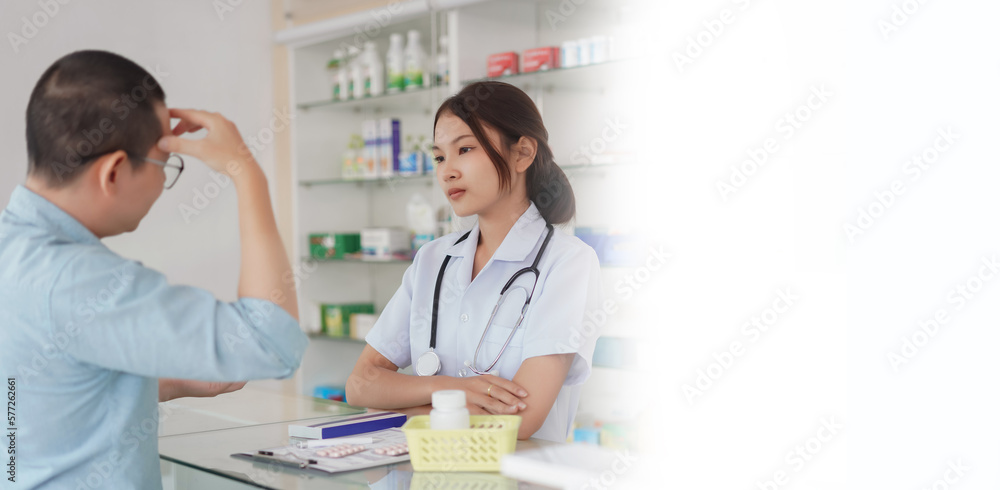 Banner with blank copyspace, Medicine and health concept, Female pharmacist listening symptoms illness of client in drugstore Banner with blank copyspace, Medicine and health concept, Female pharmacist listening symptoms illness of client in drugstore
