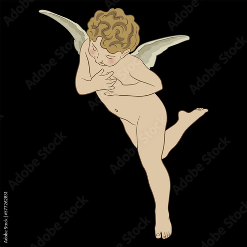 Flying Cupid pressing hands to his heart. Antique Eros or Amur. Winged baby angel Putto. On black background.