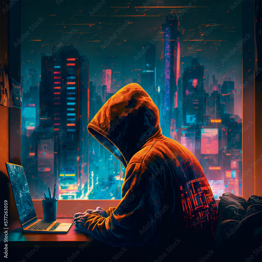 A man with hoodin working on his laptop digital art, city back, colorful. A man with hoodin working on his laptop digital art, city back, colorful.
