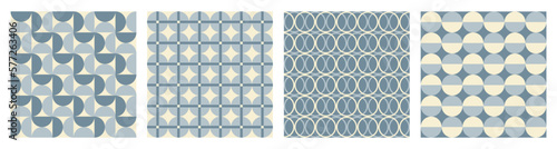 Trendy aesthetic retro set monochrome  geometric seamless patterns. Modern abstract background. Blue and beige colors. Vector illustration