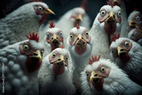 Close-up of a flock of curious chicken staring at the camera