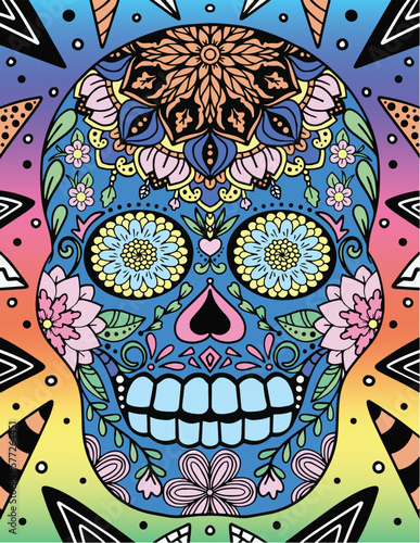 Sugar Skull flowers for Halloween or Day of the dead with flower elements. Hand drawn. Doodles art for greeting cards, invitation or poster. Coloring book for adult and kids.
