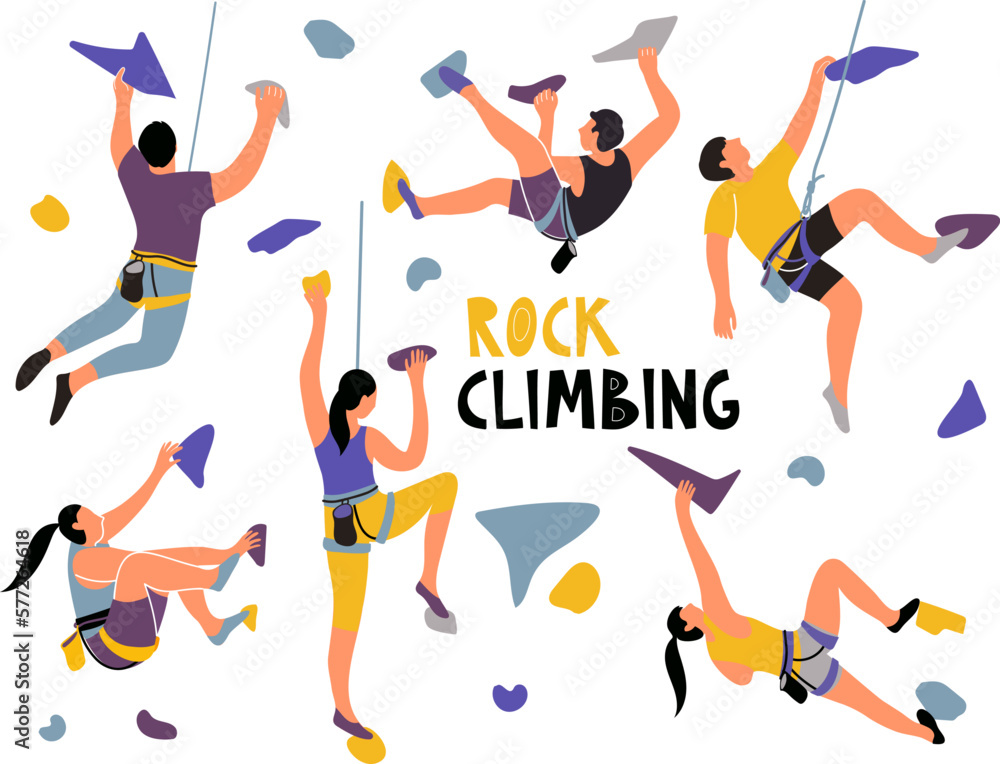 Rock climbing. Vector hand-drawn set with rock climbers at the climbing wall. Flat modern style. Isolated on white background. - obrazy, fototapety, plakaty 