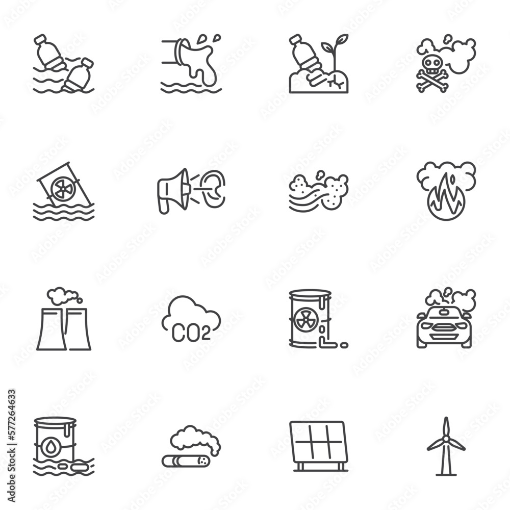 Fototapeta premium Nature pollution line icons set