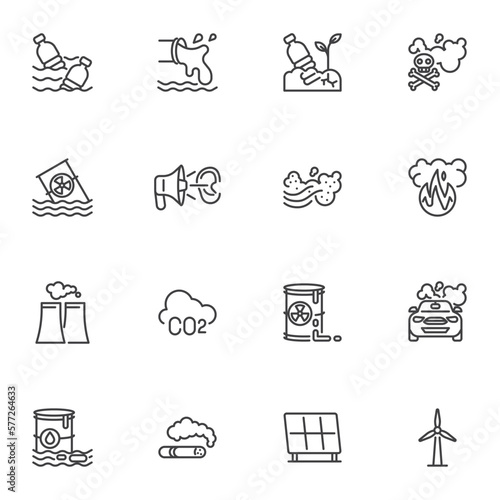 Nature pollution line icons set