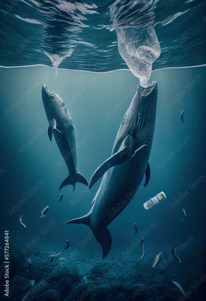 Underwater view of a whales and the plastic garbage in the ocean ...