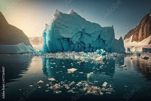 Environmental pollution concept: piles of garbage between the icebergs in Arctic