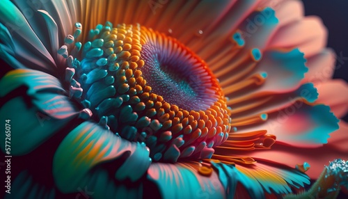 Exotic rainbow colorful sun flower background. Generative AI technology.	