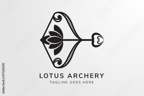 flower archery logo design template in black color. isolated on white grey gradient background. combination archery equipment, bows with lotus flower. 