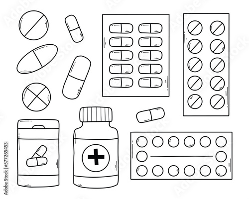 A set of tablets, vitamins and capsules. Medicine icons collection. Vector illustration . Doodle style. Linear Medicines.