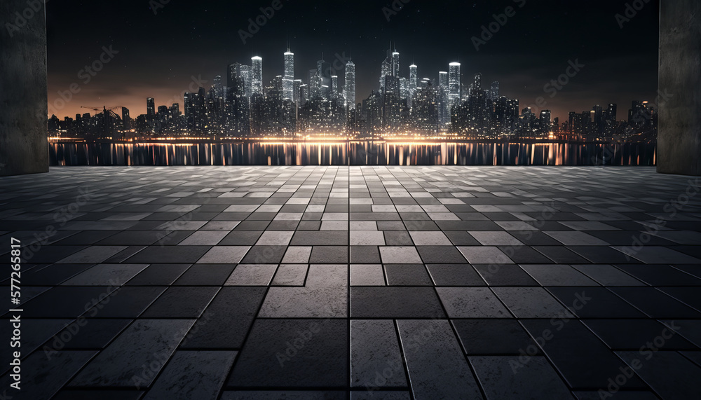 Empty square floor and modern city skyline at night. Generative AI