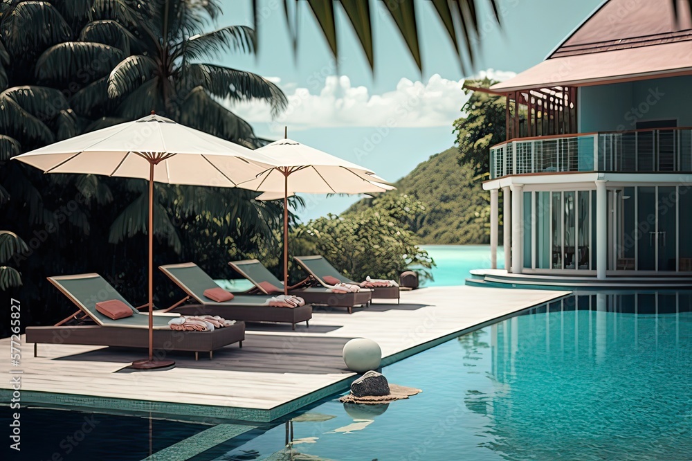 Villa Pool: Deck Chairs & Umbrellas. Photo generative AI
