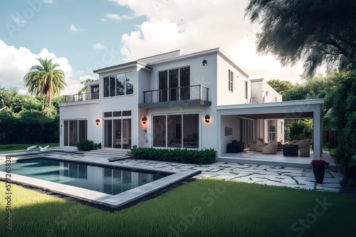 Modern Miami Home w/ Yard & Pool View. Photo generative AI © pixardi