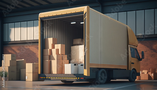 Delivery truck in warehouse with cardboard boxes on pallet. Generative AI © LAYHONG