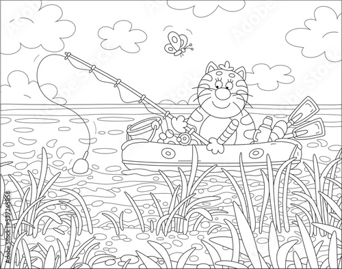 Funny striped fat cat fisherman sitting in an inflatable boat with a fishing-rod and catching small fishes in reeds of a pretty lake on a sunny summer day, black and white vector cartoon