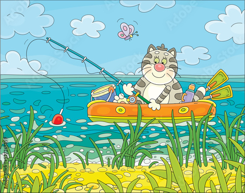 Funny striped fat cat fisherman sitting in an inflatable boat with a fishing-rod and catching small fishes in reeds of a pretty lake on a sunny summer day, vector cartoon illustration