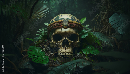 Human skull in the jungle. Generative AI. Halloween concept.