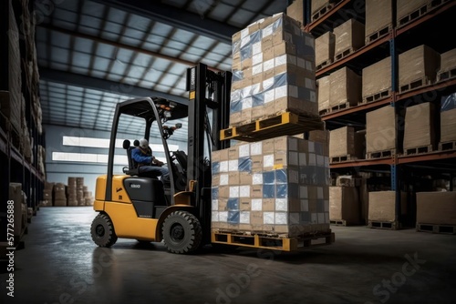 a forklift performing tasks of stacking and distribution of boxes and merchandise in an industrial warehouse © OLKS_AI