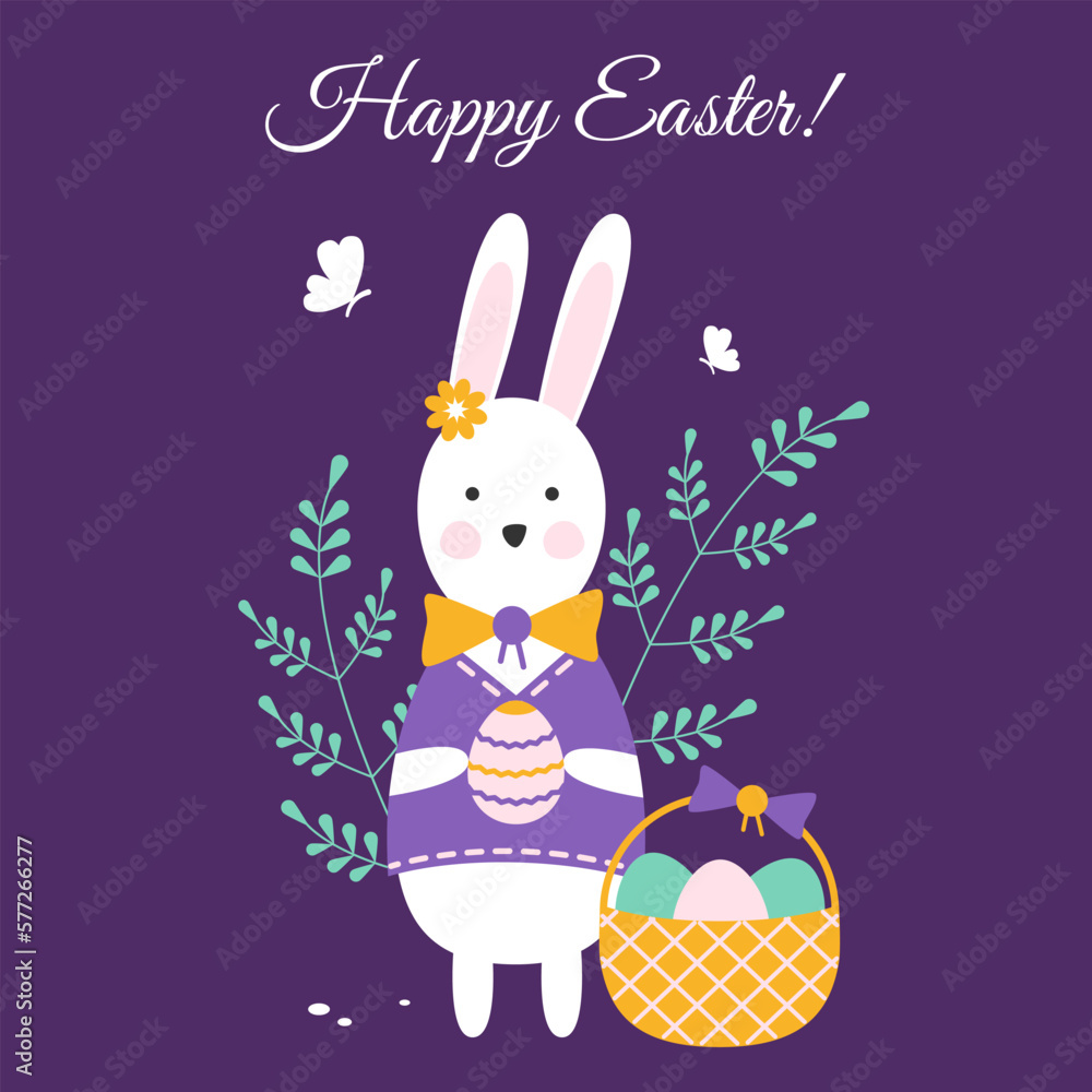 Easter bunny holds egg in his hands. Wicker basket with bow filled with eggs. Vector illustration of Easter greeting card with holiday rabbit and plant elements. Text design.