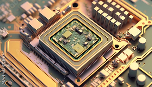 Circuit microchip on motherboard background. Blockchain big data network. Generative AI technology.