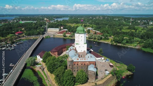 Aerial view of a medieval Swedish castle fortress in Vyborg old town. Amazing panoramic cityscape.