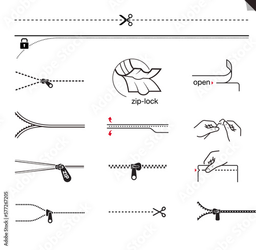 A set of icons for zippers and scissors. Set for package, shows the place of opening. EPS10.