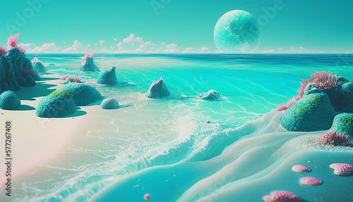 Fantasy beach coast landscape with planet background. Generative AI technology.  