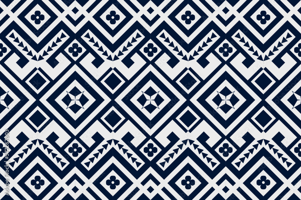 Blue and white geometric ethnic seamless pattern design for wallpaper, background, fabric, curtain, carpet, clothing, and wrapping. Blue and white geometric ethnic seamless pattern design for wallpaper, background, fabric, curtain, carpet, clothing, and wrapping.
