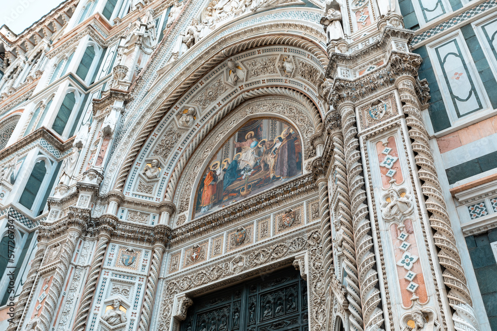 Detail of the facade of the Cathedral of Santa Maria del Fiore in Florence, Italy