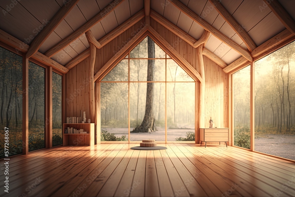 Clean and calm yoga studio with beautiful nature view. Interior design.  Generative AI Illustration Stock