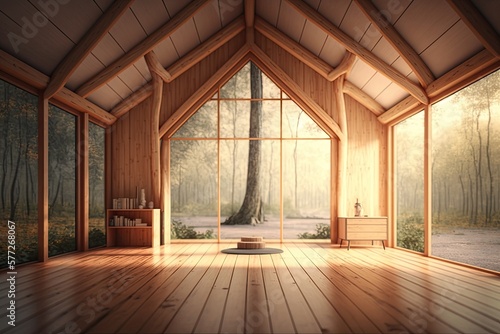 Clean and calm yoga studio with beautiful nature view. Interior design. Generative AI