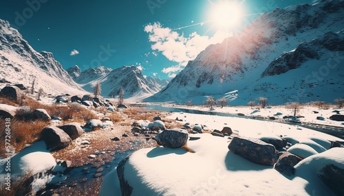 Tundra snow mountain landscape background. Generative AI technology. 